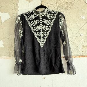 Vintage Lace Blouse Embroidered Pearl Neckline Mock Next Victorian Romantic Top